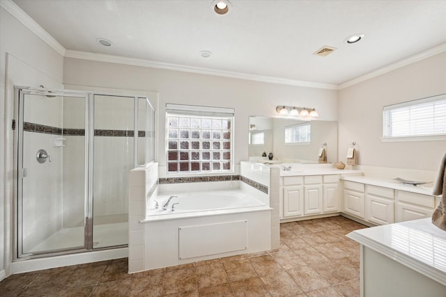 bathroom with vanity, ornamental molding, and separate shower and tub