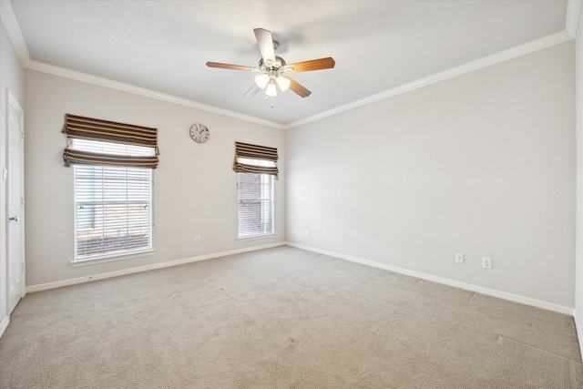 carpeted spare room featuring ceiling fan and ornamental molding