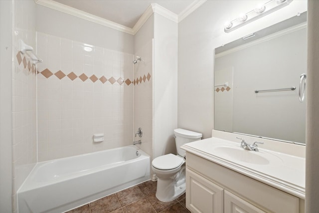 full bathroom featuring tile patterned flooring, bathing tub / shower combination, toilet, vanity, and ornamental molding