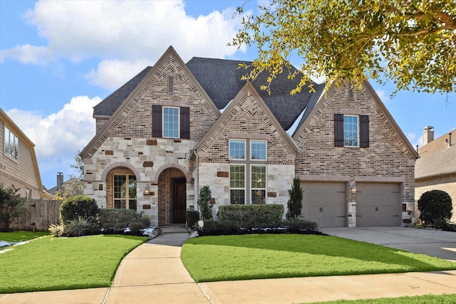 tudor home with a garage and a front yard