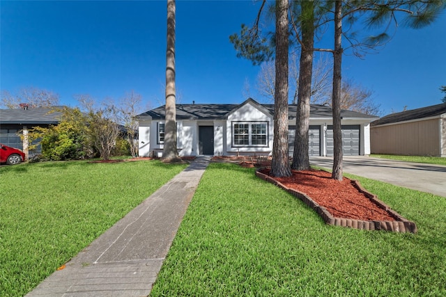 single story home with a garage and a front yard