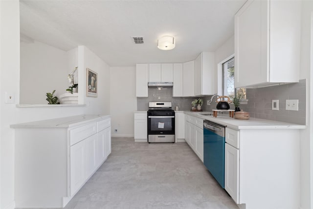 kitchen with sink, backsplash, white cabinetry, and stainless steel appliances