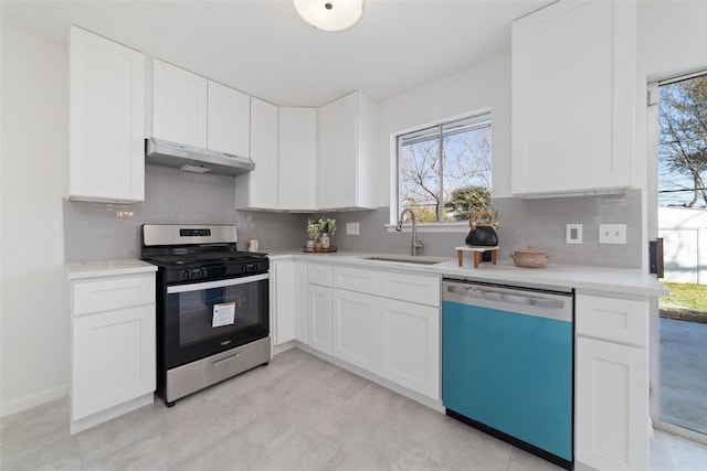 kitchen featuring sink, backsplash, white cabinets, and appliances with stainless steel finishes