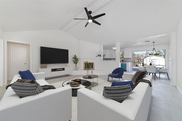 living room featuring ceiling fan and vaulted ceiling with beams