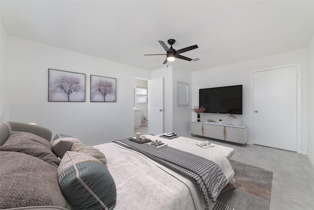 bedroom featuring ceiling fan and ensuite bathroom