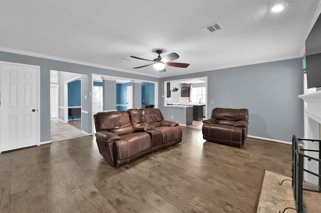 living room featuring ceiling fan, wood-type flooring, ornamental molding, and a textured ceiling