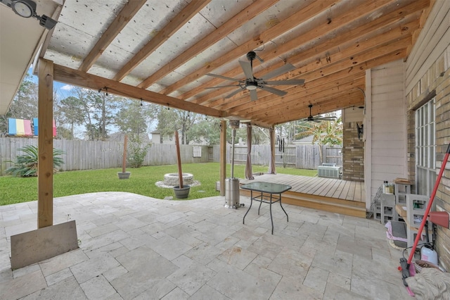 view of patio with central AC unit, a wooden deck, and ceiling fan