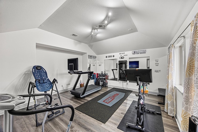 exercise room with hardwood / wood-style flooring, a textured ceiling, and vaulted ceiling