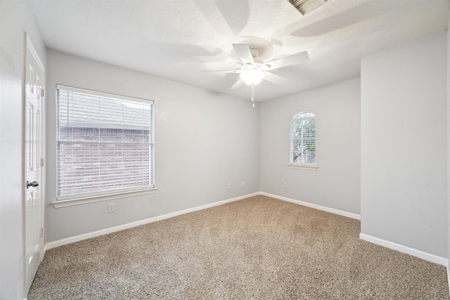 spare room featuring a wealth of natural light, ceiling fan, and carpet