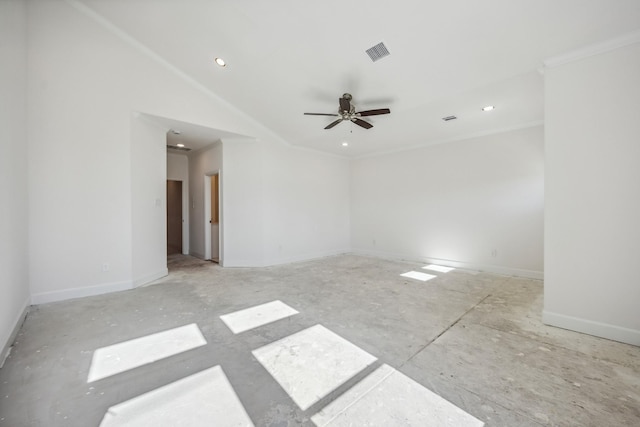 unfurnished room with lofted ceiling, ceiling fan, and ornamental molding