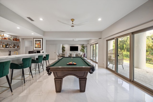 game room featuring ceiling fan, indoor wet bar, and billiards