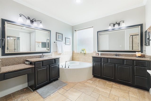 bathroom with crown molding, plus walk in shower, and vanity