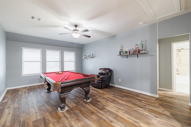 game room featuring ceiling fan, wood-type flooring, and pool table