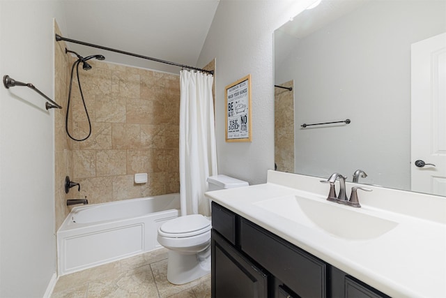 full bathroom featuring lofted ceiling, shower / bathtub combination with curtain, tile patterned flooring, vanity, and toilet