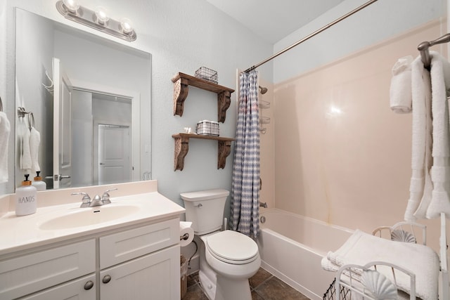 full bathroom featuring vanity, toilet, and shower / bathtub combination with curtain