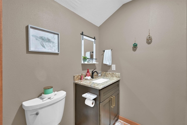 bathroom featuring vanity, lofted ceiling, and toilet