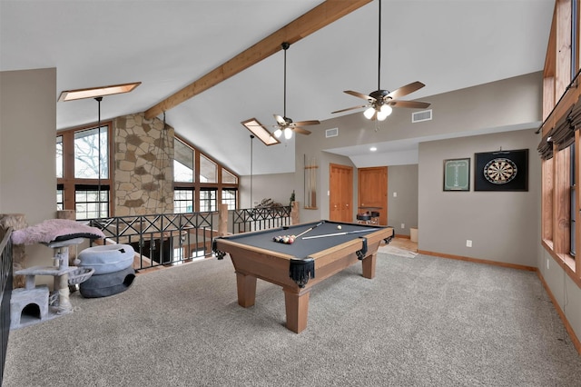 recreation room with beam ceiling, high vaulted ceiling, and light carpet