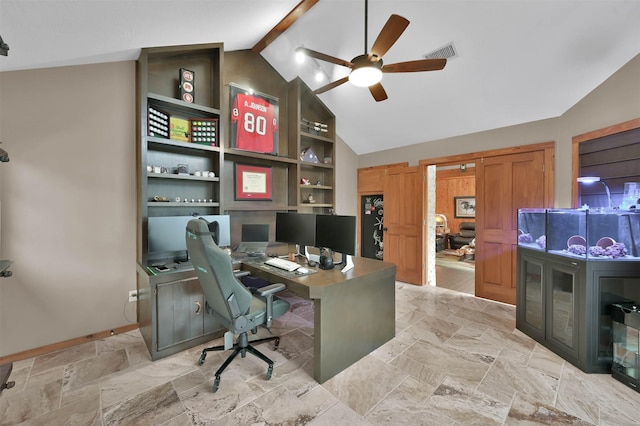 office area featuring ceiling fan, high vaulted ceiling, and beamed ceiling