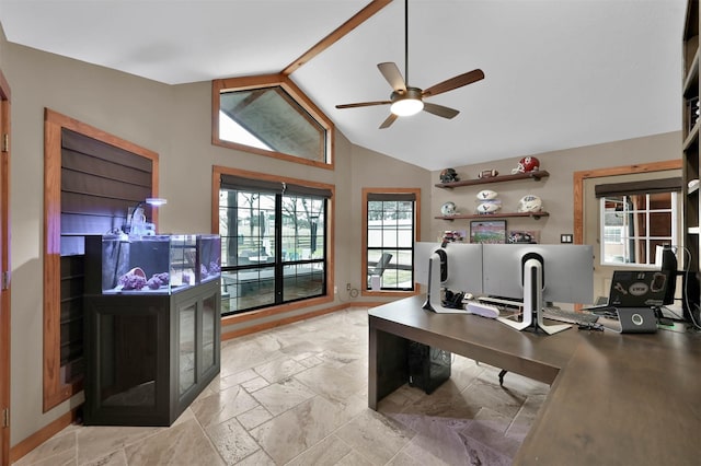 office with ceiling fan and vaulted ceiling with beams