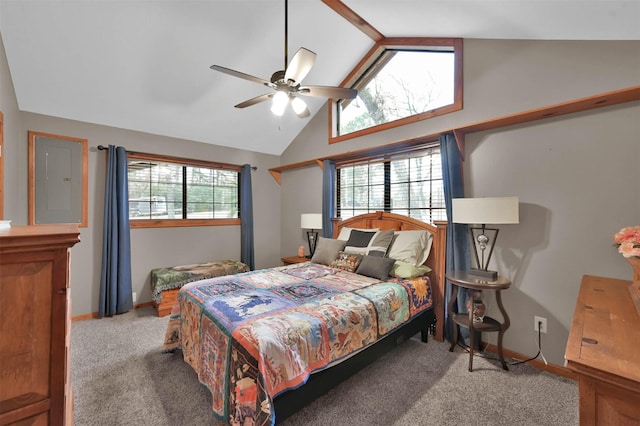 carpeted bedroom featuring multiple windows, ceiling fan, electric panel, and high vaulted ceiling