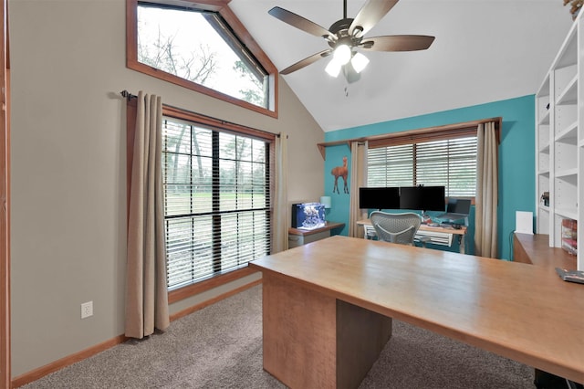carpeted home office featuring ceiling fan and high vaulted ceiling