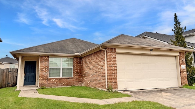 ranch-style house with a garage and a front yard