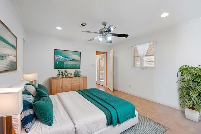 bedroom featuring ornamental molding, ceiling fan, and light tile patterned flooring