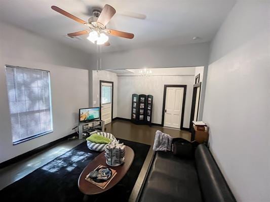 living room featuring ceiling fan