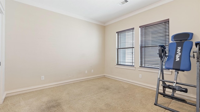 workout area featuring ornamental molding