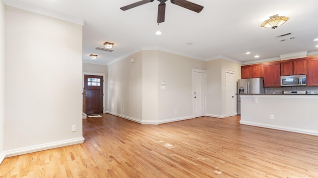 unfurnished living room with crown molding, ceiling fan, and light wood-type flooring