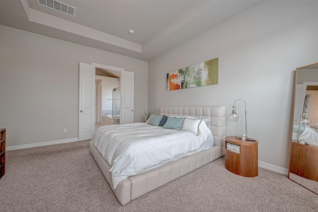 carpeted bedroom featuring a raised ceiling