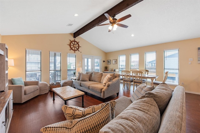 living room with ceiling fan, french doors, vaulted ceiling with beams, and dark hardwood / wood-style flooring