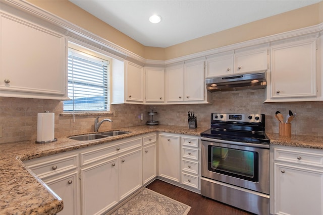 kitchen with light stone countertops, white cabinetry, tasteful backsplash, sink, and stainless steel electric range