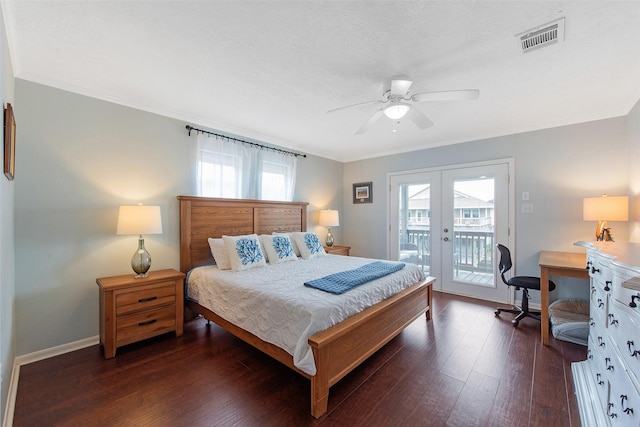 bedroom with ceiling fan, dark hardwood / wood-style flooring, french doors, multiple windows, and access to exterior