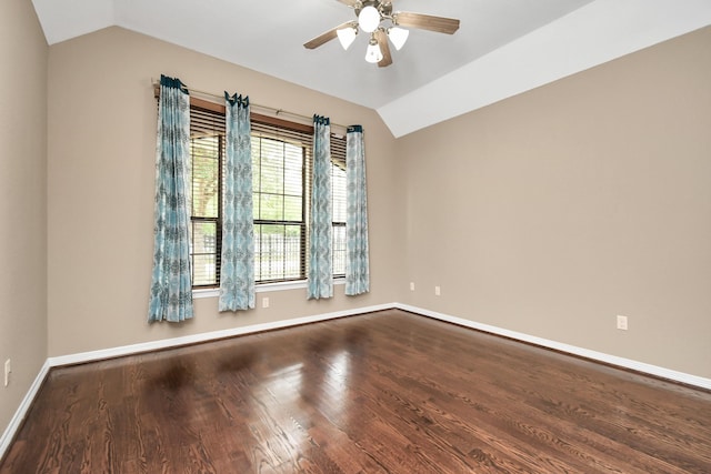 unfurnished room with ceiling fan, wood-type flooring, and vaulted ceiling