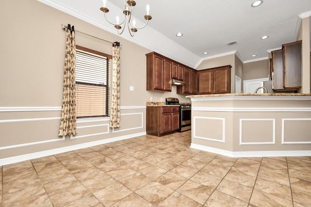 kitchen featuring dark brown cabinets, decorative light fixtures, ornamental molding, stainless steel gas range oven, and light stone counters