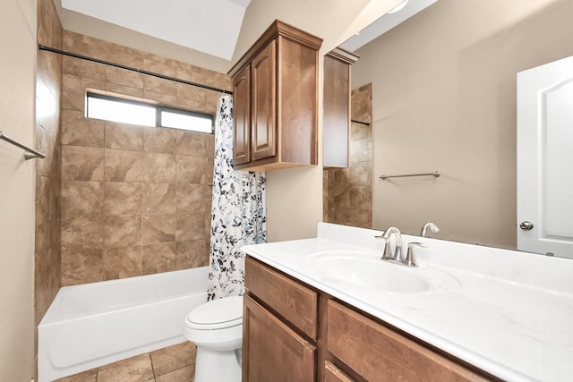 full bathroom featuring shower / bath combo with shower curtain, toilet, vanity, and tile patterned flooring