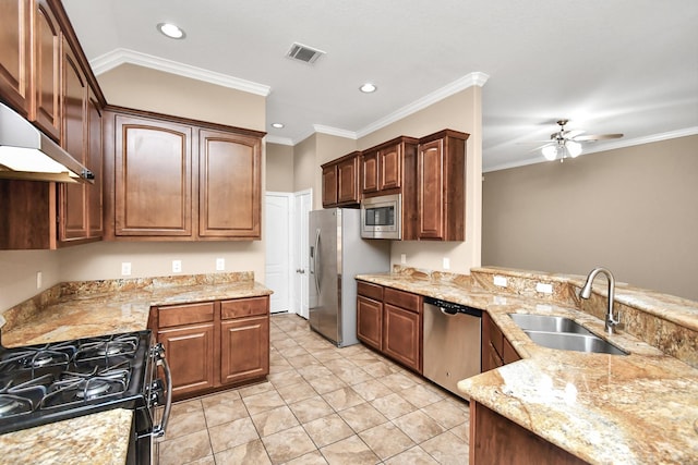 kitchen featuring appliances with stainless steel finishes, sink, kitchen peninsula, ornamental molding, and light stone counters