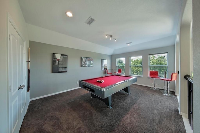 recreation room with pool table and dark colored carpet