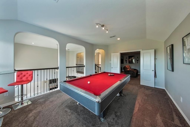 game room with dark colored carpet, lofted ceiling, and pool table