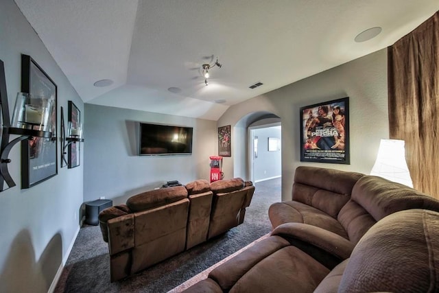 carpeted home theater room with vaulted ceiling