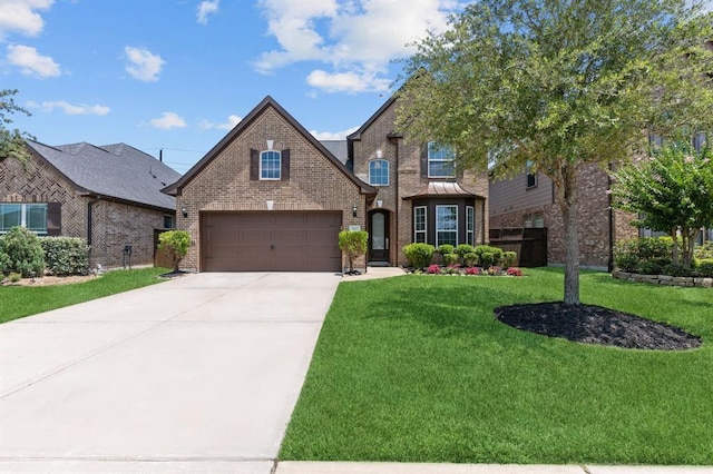 view of front of home with a garage and a front lawn