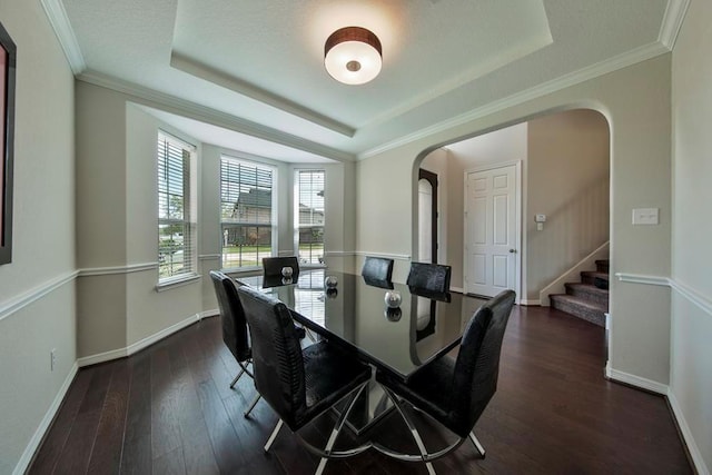 dining room with a raised ceiling, ornamental molding, and dark hardwood / wood-style floors