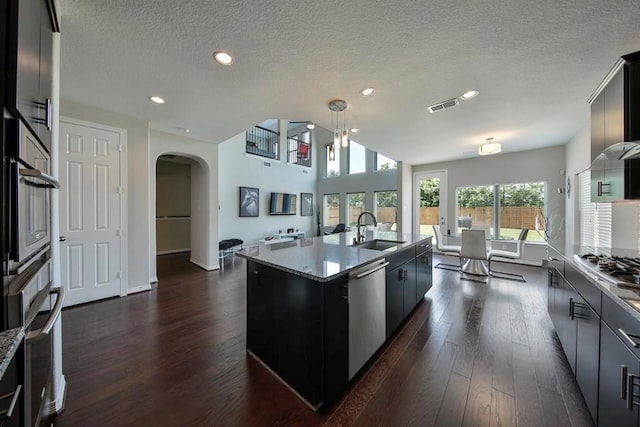 kitchen with sink, decorative light fixtures, dark hardwood / wood-style flooring, an island with sink, and stainless steel appliances