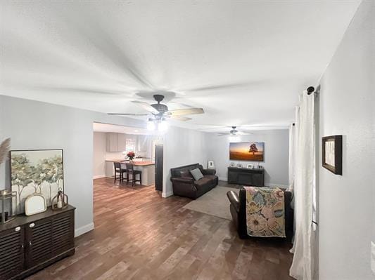 living room with dark hardwood / wood-style flooring