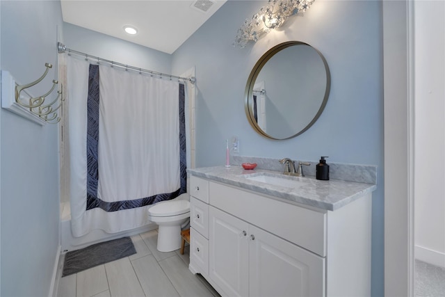 full bathroom with vanity, toilet, and shower / bathtub combination with curtain