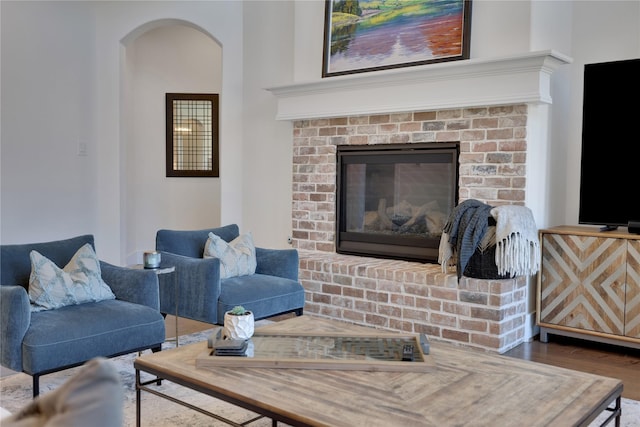 living room featuring wood-type flooring and a fireplace