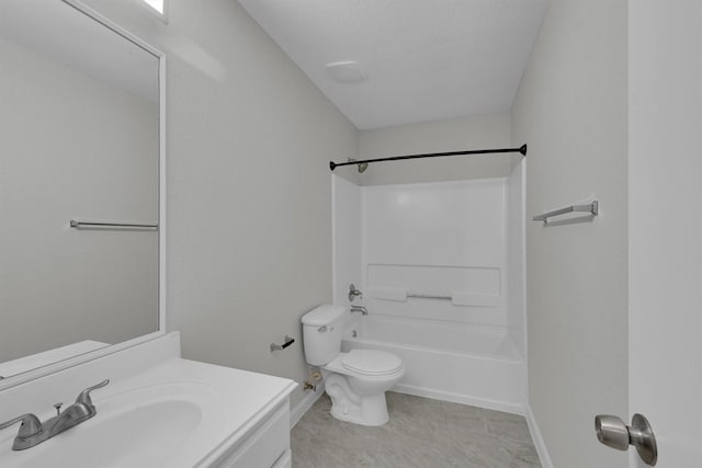 full bathroom with a textured ceiling, shower / bathtub combination, toilet, and vanity