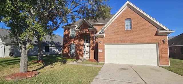 view of property with a garage and a front lawn