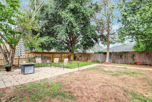 view of yard featuring a patio area and a fire pit